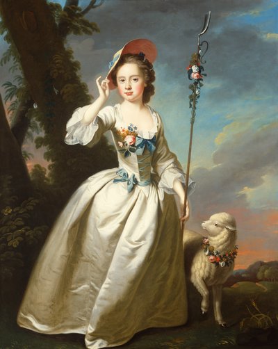 Portræt af en ung dame som hyrdinde (olie på lærred) af Thomas Hudson