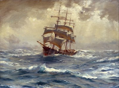 Et skib med 4 master hjemsøgt før stormen, denne type båd blev brugt til at handle med korn og nitrat fra Sydamerika, omkring Kap Horn (Chile). af Thomas J. Somerscales