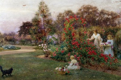 I kunstnerens have, Yapton, Sussex. En mor og hendes to børn plukker roser i en have. Maleri af Thomas James Lloyd (1849-1910, britisk) Privat samling af Thomas James Lloyd