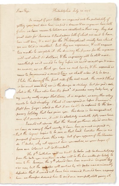 Autografbrev til John Page, Philadelphia, 30. juli 1776 af Thomas Jefferson
