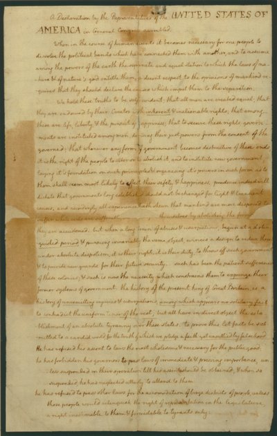 Udkast til uafhængighedserklæringen, 4. juli 1776 af Thomas Jefferson