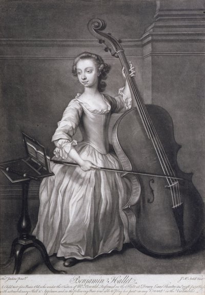 Portræt af Benjamin Hallet, der spiller på violincello, indgraveret af James McArdell (ca. 1729-65), ca. 1749 af Thomas Jenkins