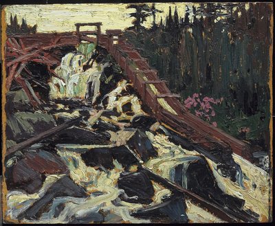 Timber Chute, 1915 (olie på komposit træ-pulpplade) af Tom Thomson
