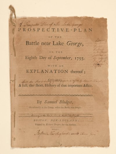 En projektiv plan for slaget udkæmpet nær Lake George. Tekst (del B) af Samuel Blodgett af Thomas Johnston