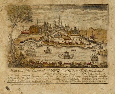 Quebec, hovedstaden i New France, en biskopsmand og sæde for Soverrain Court, 1759 (håndfarvet gravering) af Thomas Johnston