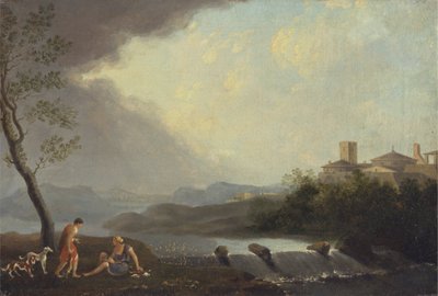 Et imaginært italiensk landskab med klassiske figurer og et vandfald af Thomas Jones