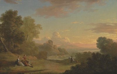 Et imaginært landskab med en rejsende og figurer med udsigt over Baiae-bugten af Thomas Jones
