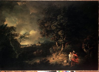 ""Stormlandskab med Æneas og Dido"" (Landskab med Æneas og Dido) Illustration fra Virgils Æneiden. Maleri af Thomas Jones (1742-1803) 1769 Dim. 137,5x193,5 cm Eremitagemuseet, Sankt Petersborg af Thomas Jones