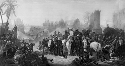 The Relief of Lucknow, und Triumphant Meeting of Havelock, Outram and Sir Colin Campbell, fra "...Drawings...made on the spot...by Mr. Egron Lundgren", udgivet i London 1860 af Thomas Jones