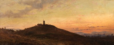Vindmølle ved solnedgang (olie om bord) af Thomas Jr. Whittle