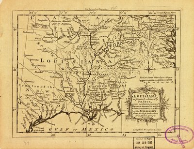 Louisiana, som Frankrig tidligere gjorde krav på, og som nu indeholder en del af Britisk Amerika mod øst og Spansk Amerika vest for Mississippi. LOC 77690498 af Thomas Kitchin