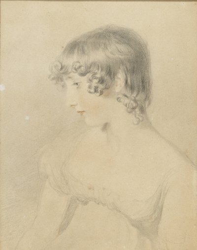 Busteportræt af Susan Bloxam, drejet i profil til venstre, 1818 (sort kridt, berørt med rødt kridt, let stødt på hvidt kort misfarvet brunt) af Thomas Lawrence