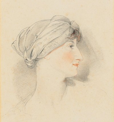 Portræthoved af fru Jens Wolff, i profil til højre, iført turban (blyant, sort og rødt kridt) af Thomas Lawrence