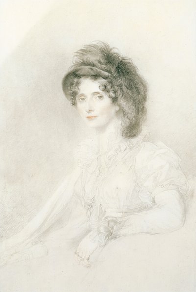 Portræt af Elizabeth, hertuginde af Devonshire (1758-1824), siddende, halvlang, iført en stor fjerhat (blyant, sort og rødt kridt på papir) af Thomas Lawrence