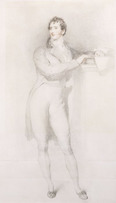 Portrait of Sir Francis Burdett, Bart, small full-length, standing by a mantelpiece, c.1796dani af Thomas Lawrence