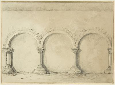 Buer og søjler i Mereweathers lokaler mellem Nicholas Street og Corn Street (blyant og akvarel på papir) af Thomas Leeson the Elder Rowbotham