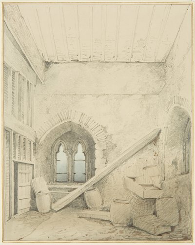 Buer, søjler og vinduer i Mereweathers lokaler mellem Nicholas Street og Corn Street (blyant og akvarel på papir) af Thomas Leeson the Elder Rowbotham