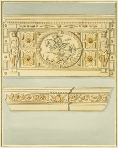 Skorstensstykke på 6 Redcliffe Street, dateret 1637 (akvarel på papir) af Thomas Leeson the Elder Rowbotham