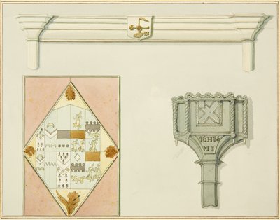 Skorstensstykke, farvet glas og snekasse på 35 High Street (akvarel på papir) af Thomas Leeson the Elder Rowbotham