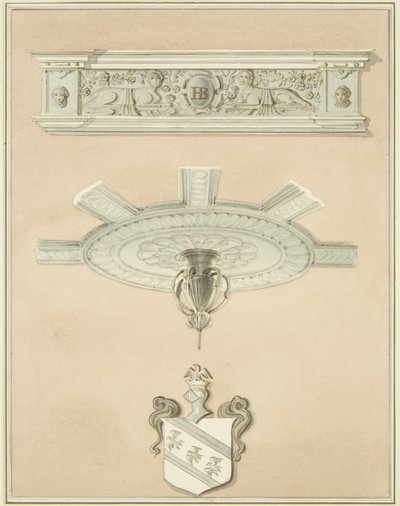 Detaljer om værelse i det juridiske bibliotek, herunder central loftsvedhæng og gesims (blyant og akvarel på papir) af Thomas Leeson the Elder Rowbotham