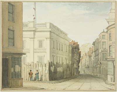 Kigger ned ad Broad Street med det nye rådhus (akvarel på papir) af Thomas Leeson the Elder Rowbotham