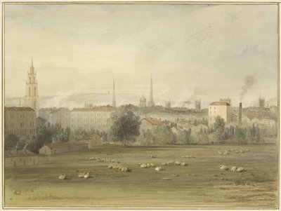 Nær Stokes Croft med udsigt over Bristols skyline (stedet for Sadler og Clayfields ballonstigning i 1810) af Thomas Leeson the Elder Rowbotham