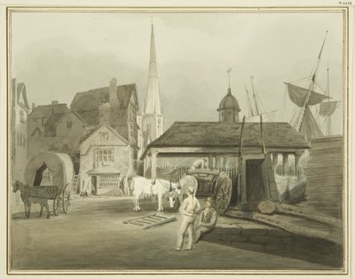 North-East End of King Street, der viser Welsh Market i 1802 (akvarel på papir) af Thomas Leeson the Elder Rowbotham