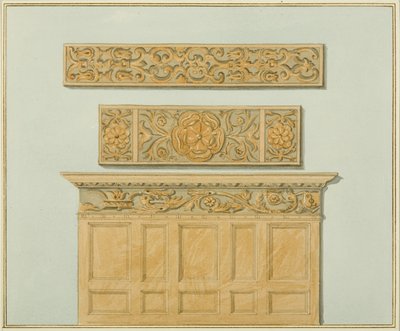 Dele af panelet og frisen, i Langton Mansion, på bagsiden (akvarel på papir) af Thomas Leeson the Elder Rowbotham