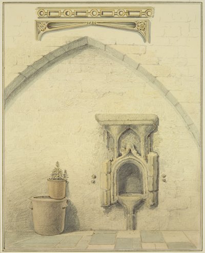Piscina, Frieze and Spandrels in Courtyard of 131 Temple Street (blyant og akvarel på papir) af Thomas Leeson the Elder Rowbotham
