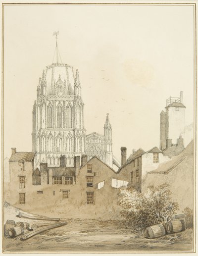 Redcliffe Church og en del af Redcliffe Hill med Shot Tower (akvarel på papir) af Thomas Leeson the Elder Rowbotham