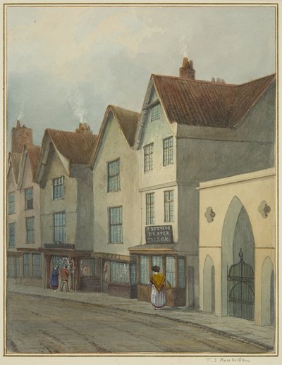 Temple Street, der viser Gateway to Temple Church (akvarel på papir) af Thomas Leeson the Elder Rowbotham