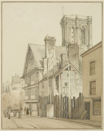 Temple Street, der viser Tower of Temple Church (akvarel på papir) af Thomas Leeson the Elder Rowbotham