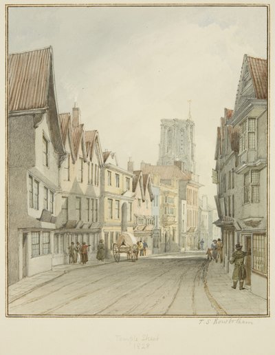 Temple Street, der viser Temple Churchs tårn (akvarel på papir) af Thomas Leeson the Elder Rowbotham