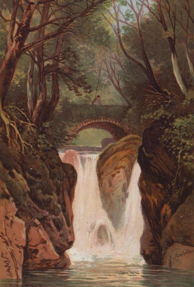 The English Lakes, Rydal Falls (farve litho) af Thomas Leeson the Elder Rowbotham