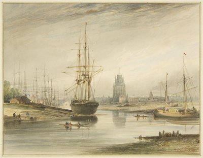Udsigten ser op ad floden, taget fra under Rope Walk and Wapping, ca. 1804 af Thomas Leeson the Elder Rowbotham