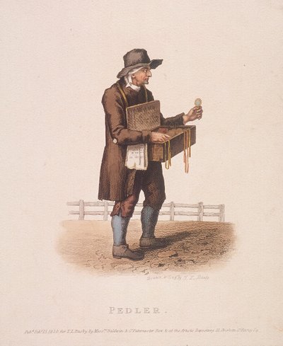 Pedlar med sin æske med varer hang om halsen, 1820 af Thomas Lord Busby
