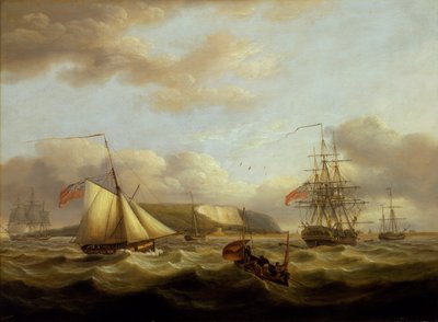 En kutter passerer agten for en fregat, begyndelsen af det 19. århundrede (olie på lærred) af Thomas Luny