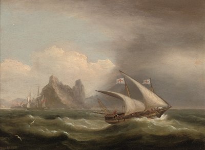 En bevæbnet Xebec i Middelhavet, en britisk fregat ud for agterstavnen og løber forbi en klippekyst, 1822 af Thomas Luny