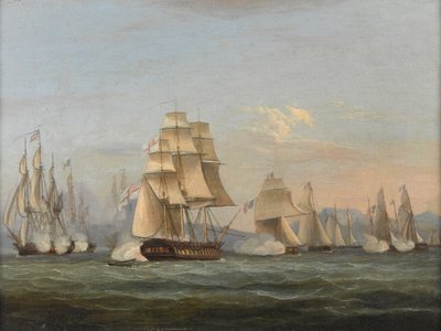 HMS Spartan & French Fregates: Beginning of the Action, 3. maj 1810 (Napoli-bugten) (olie på lærred) af Thomas Luny