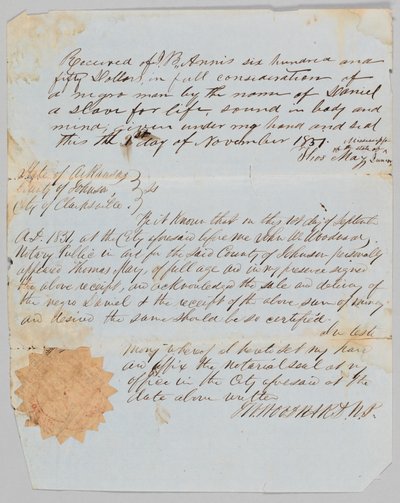 Salgsbrev for en mand ved navn Daniel til Jerome B. Annis, 1. november 1851. af Thomas May