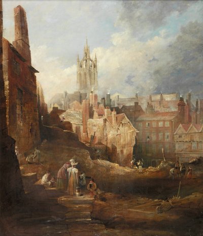 Udgravninger til High Level Bridge, Newcastle upon Tyne, ca. 1846 af Thomas Miles Richardson