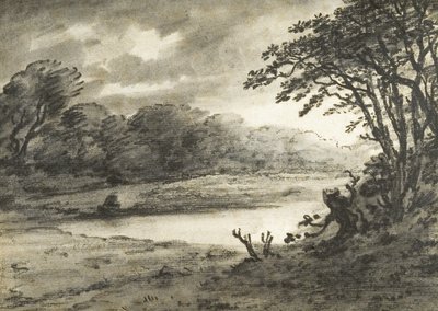 Lake Scene (kul og lakering på papir) af Thomas Monro