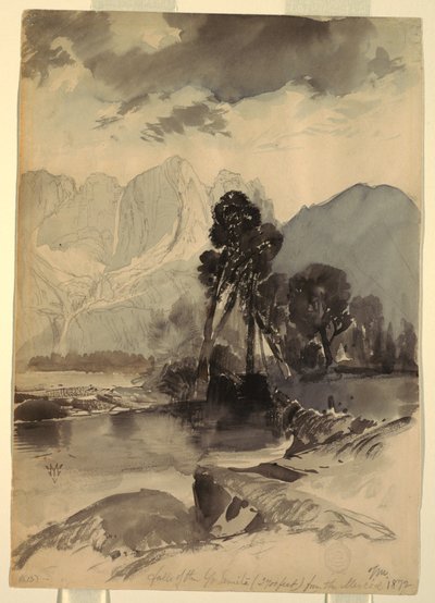 Tegning, vandfald i Yosemite, 1872 af Thomas Moran