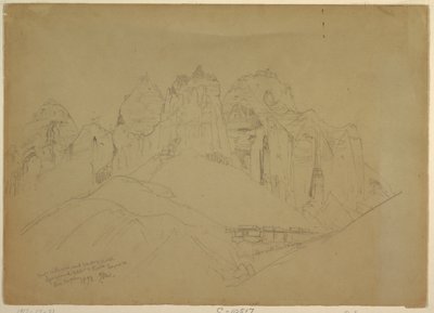 Tegning, Rio Virgin-floden med store klippeformationer, 1873 af Thomas Moran