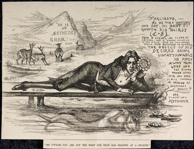 Oscar Wilde som Narcissus (med en inskription) (gravering) af Thomas Nast