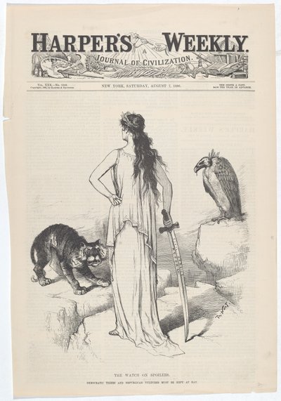 The Watch on Spoilers. De demokratiske tigre og republikanske gribbe skal holdes i skak. af Thomas Nast