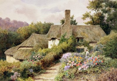 En hytte i Selworthy, Somerset, England. En kvinde i haven på et engelsk landsted. Maleri af Thomas Nicholson Tyndale (1860-1930, Storbritannien) Privat samling af Thomas Nicholson Tyndale