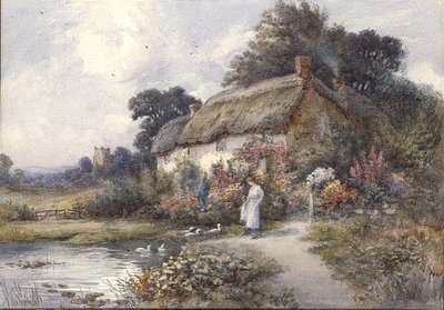 Stråtækt sommerhus, Ringwood, Hampshire (akvarel) af Thomas Noelsmith