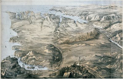 Panoramaudsigt over forskansningen af de allierede hære i England og Frankrig før Sebastopol (litografi, tonet) af Thomas Packer