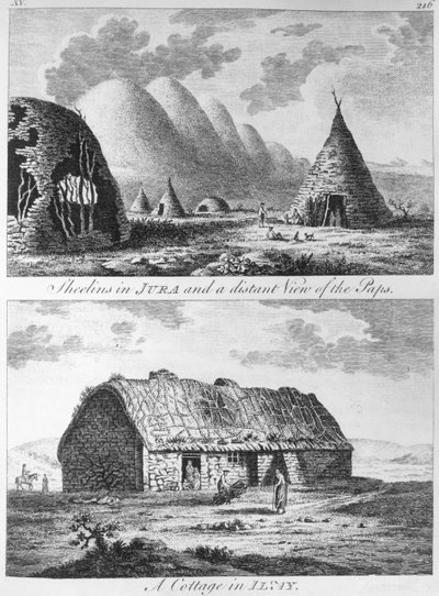 Sheelins in Jura and a distant view of the Paps and A Cottage of Islay, fra "A Tour in Scotland, and voyage to the Hebrides" 1772 af Thomas Pennant